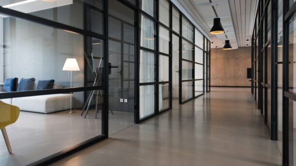 hallway between glass-panel doors